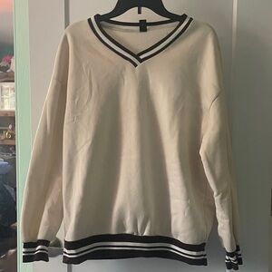 SHEIN Cream V-Neck Sweatshirt with Brown Trim